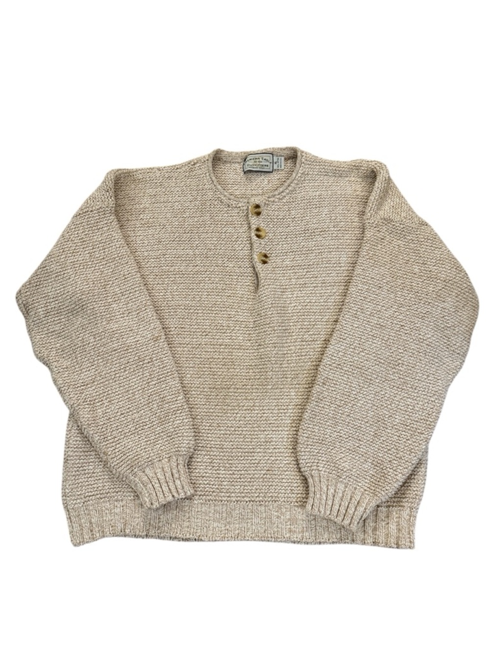 Vintage Y2K American Eagle Henley Sweater Tan Cotton USA XL Textured Rolled Neck